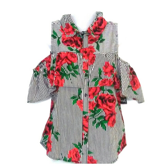 🌹Hint of Blush Pinup Striped Roses Cold Shoulder - Picture 1 of 4